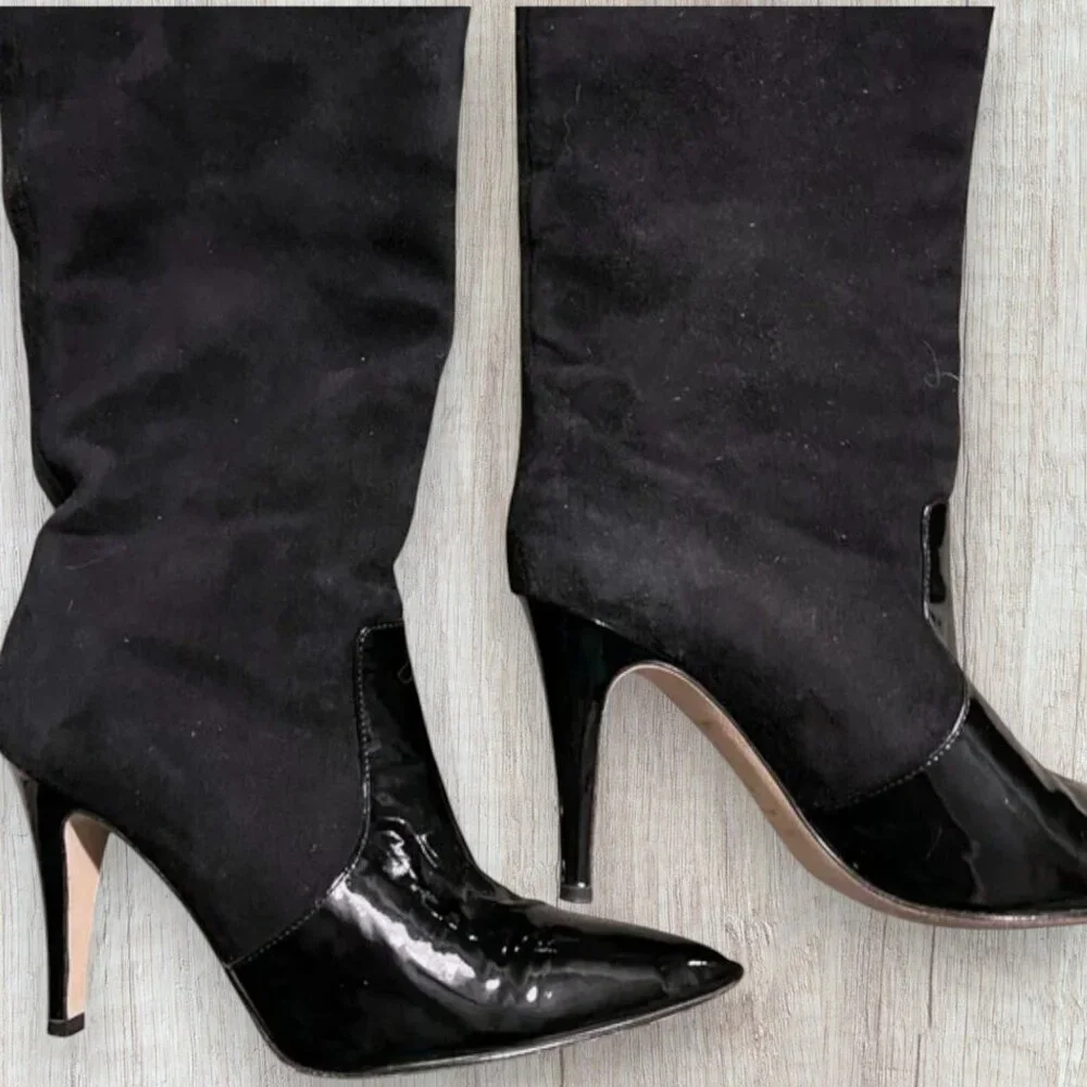Kate Spade Black Suede Patent Leather Pointed Toe Stiletto Boots Womens 6.5